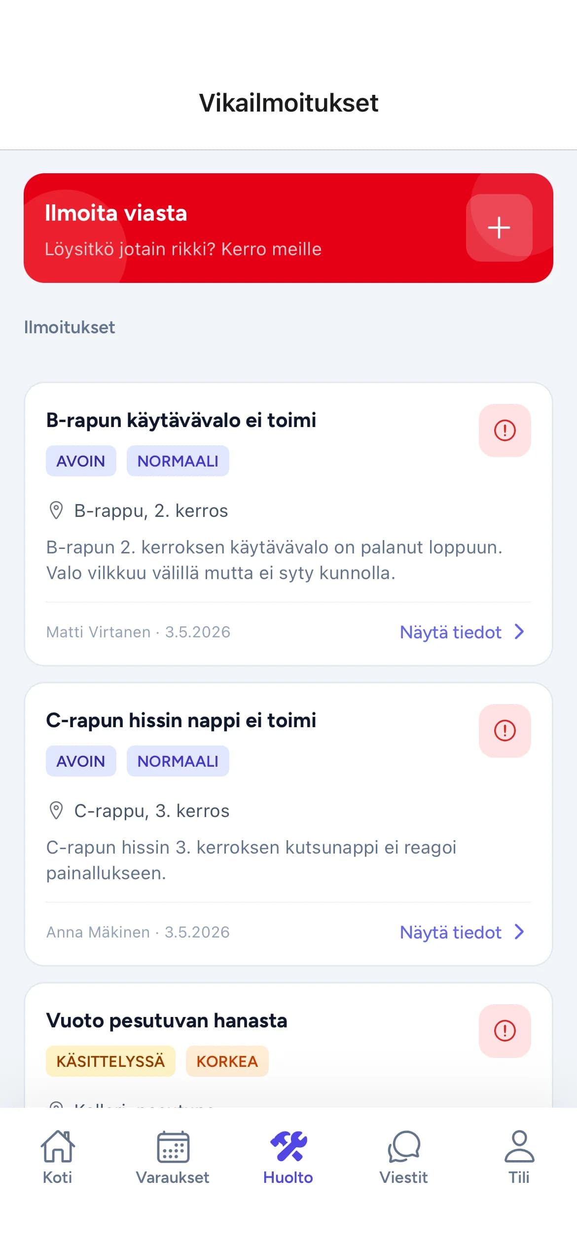 Rappu-sovelluksen vikailmoitusnäkymä puhelimessa