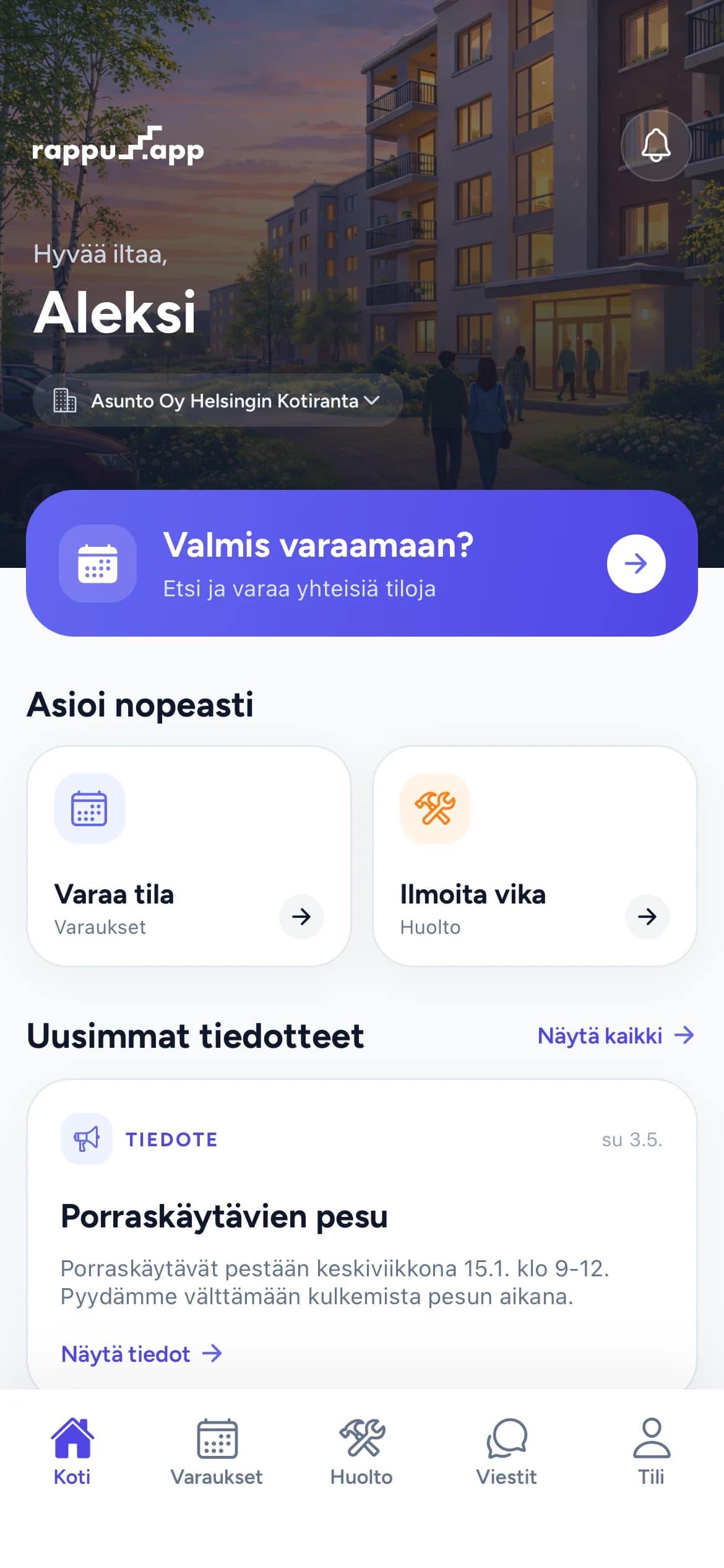 Rappu-sovelluksen etusivu puhelimessa